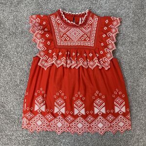 Feather Bone Anthropologie Blouse Womens 4 Red Embroidered Friar Eyelet Tunic